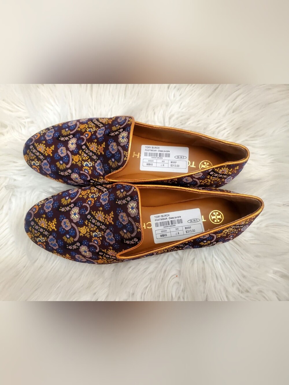 Tory Burch Purple Floral Brocade Loafers with Gold Trim